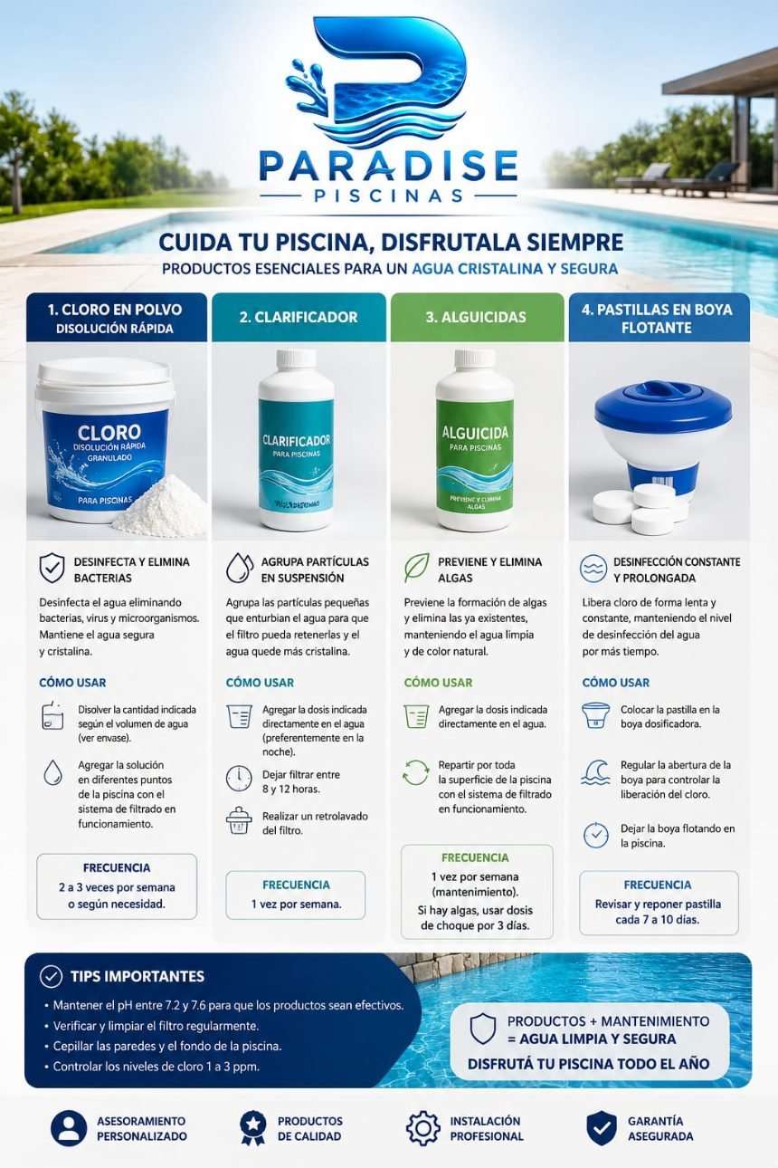 Guía de productos de mantenimiento: cloro, clarificador, alguicida y pastillas en boya
