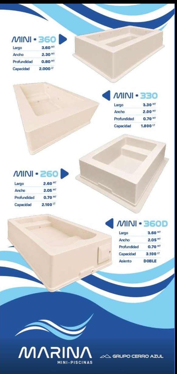 Catálogo de mini piscinas con largo, ancho, profundidad y capacidad