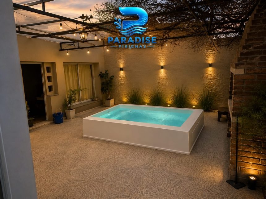 Mini piscina blanca instalada en un patio interno, iluminada de noche